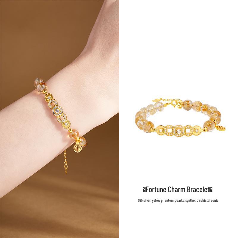 

S925 Sterling Silver Yellow Tower Crystal Bracelet with Five Emperors Coins and Fu Card - Women s Luxury Chinese Style Jewelry Gift 925 Silver
