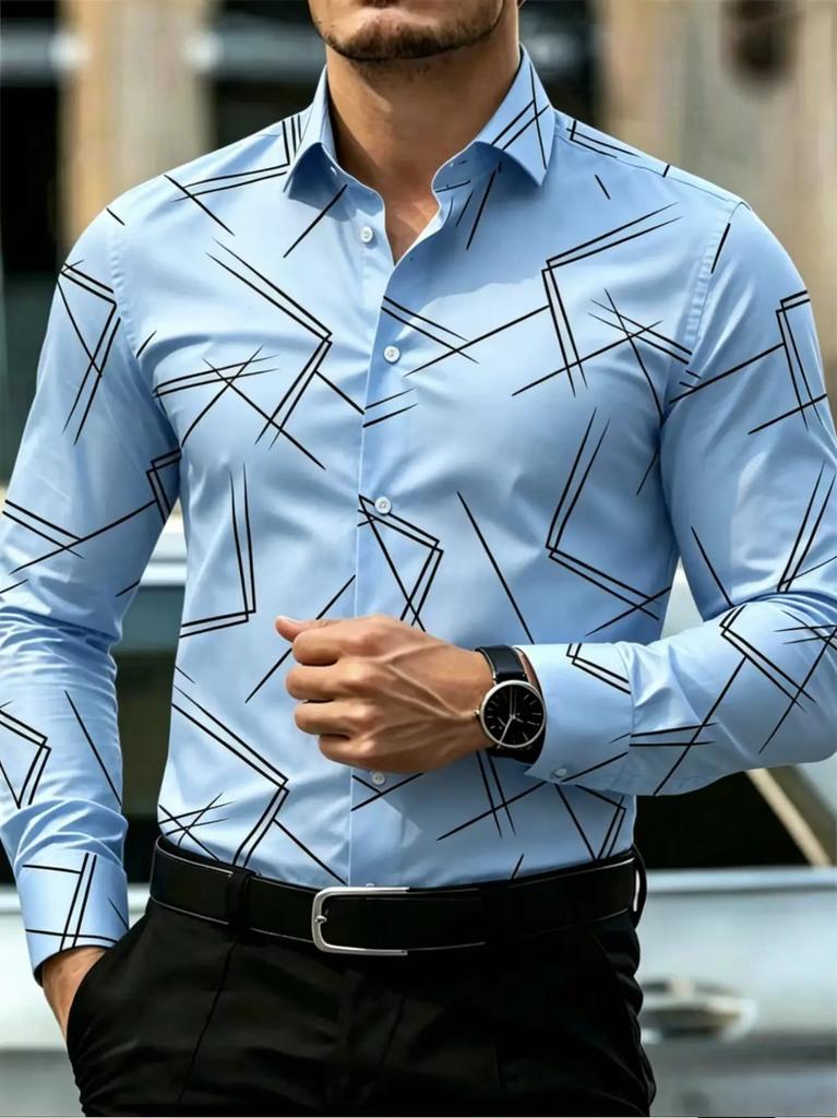 Modern Men's Long Sleeve Shirt with Geometric Line Print, Great for Daily & Formal Wear.