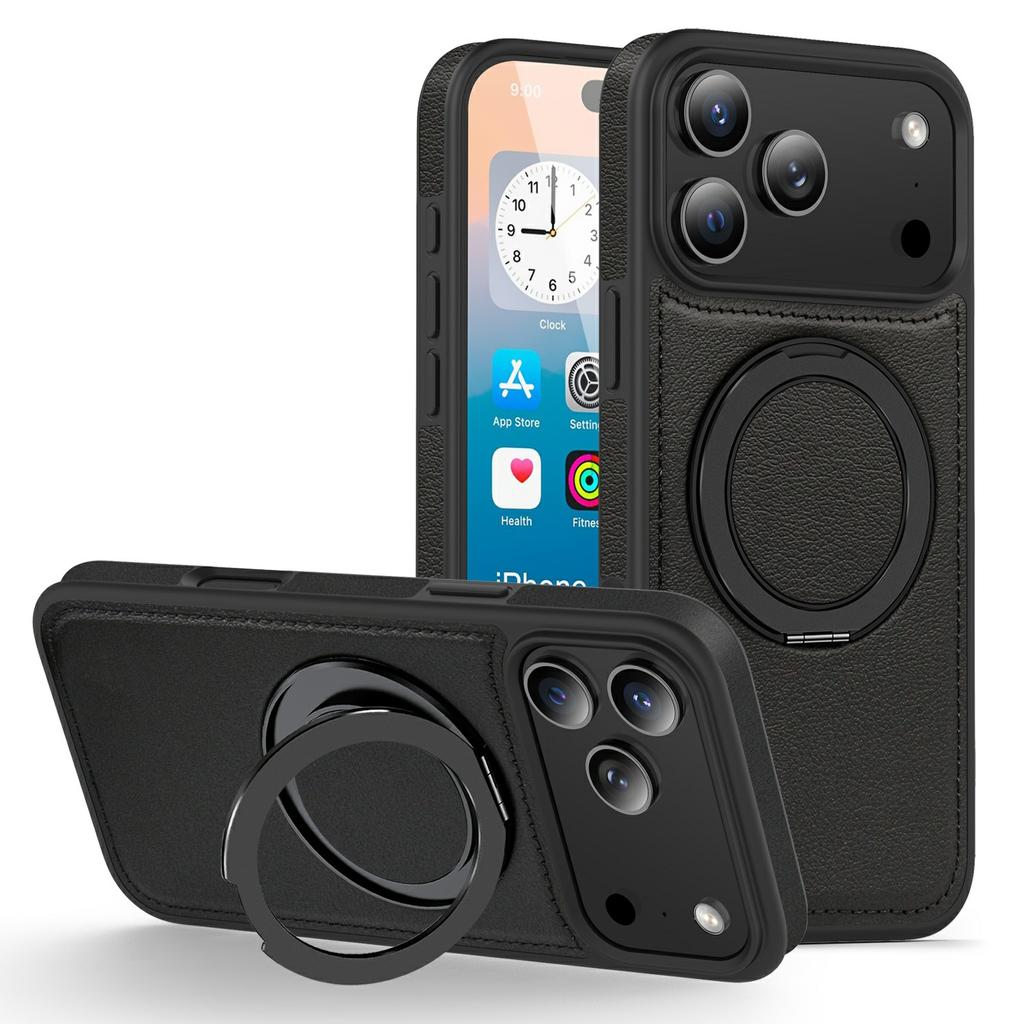 For iPhone 17 Pro Case with Ring Kickstand Compatible with MagSafe PU Leather Back Cover