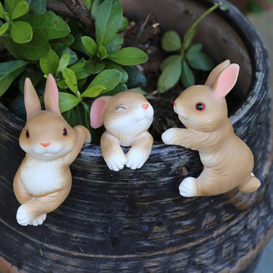 3Pcs Climbing Bunny Figurine Simulated Rabbit Statue Resin Animal Sculpture Outdoor Garden Flower Pot Hugger Hanger Ornament Decoration