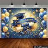Graduation Tapestry Blue Gold Starlight Bow Theme Wall Hanging, 2D Flat Scroll Leaf Print Party Backdrop Home Decor