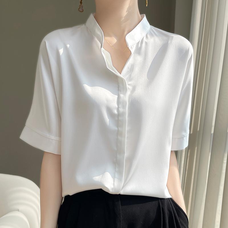 

Летняя новая женская рубашка с короткими рукавами из смеси шелка тутового шелкопряда, 50% дышащий шелк, свободная повседневная рубашка для поездок на работу L теплый белый
