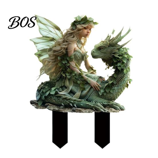 Garden Stake Fairy Dragon Stake, Fantasy Yard Art Outdoor Baby on Decoration for Planter Flower Bed Lawn Magical Accessory A
