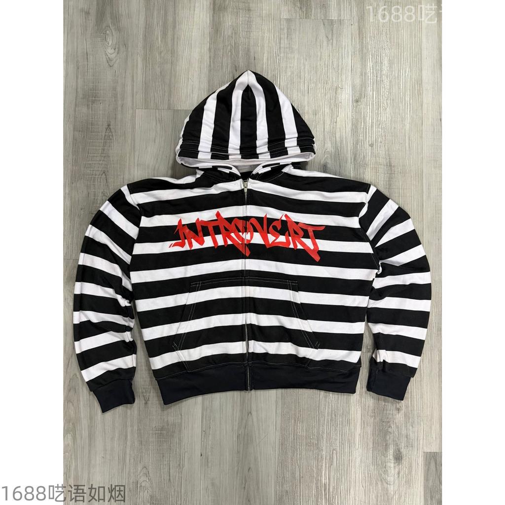 Y2K cross-border European and American stripes contrasting color hoodie street hip-hop retro loose long-sleeved zipper cardigan sweater