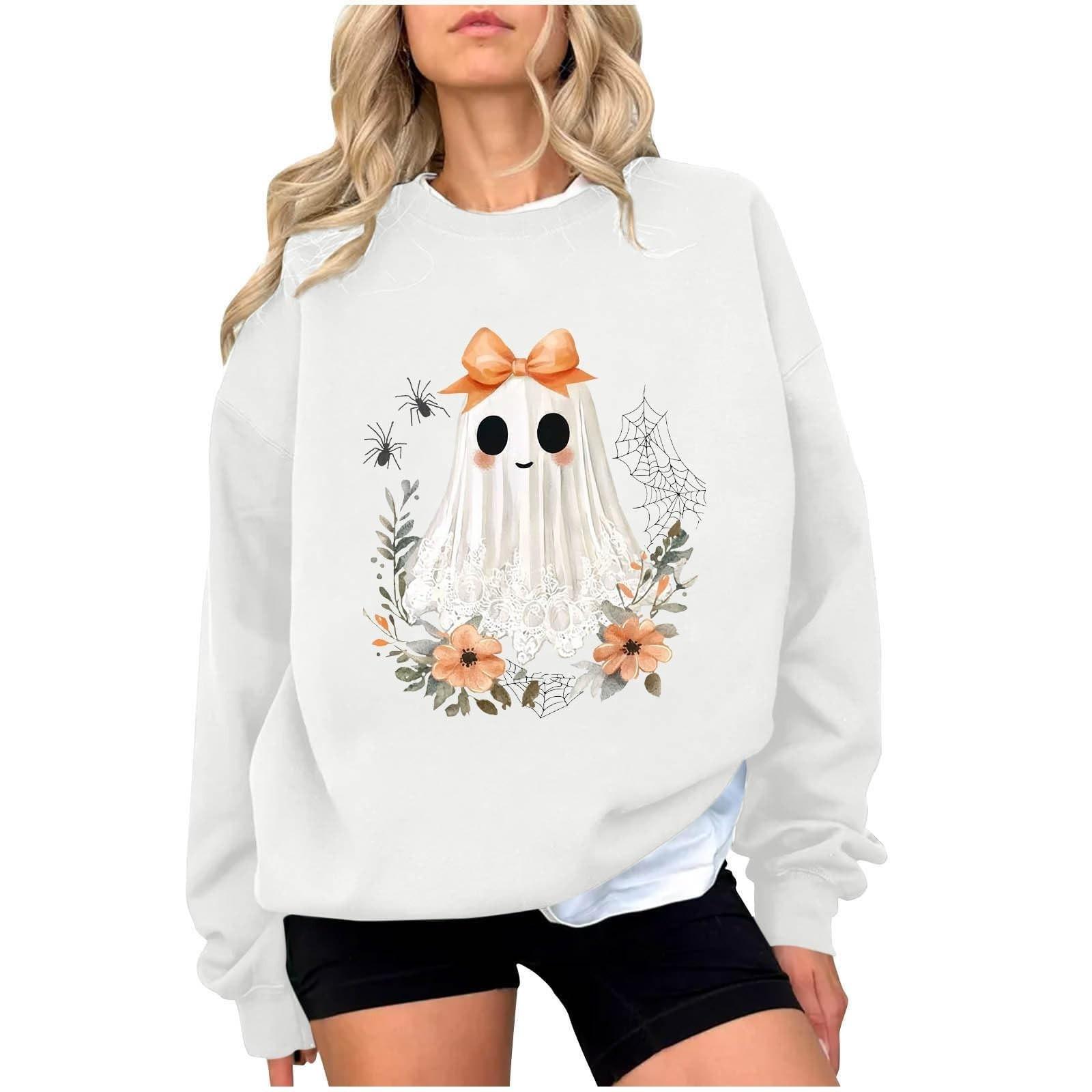 

Женская модная повседневная футболка с круглым вырезом и длинным рукавом с принтом на Хэллоуин XL белый