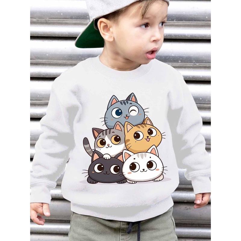 European Size Boys' Autumn/Winter Fashion -Lined Sweatshirt with Five Cute Kittens Print, Loose Fit Casual Long-Sleeve Sweatshirt