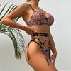 2022 m. rudens apatinis trikotažas: Leopardo rašto permatomas seksualus trijų dalių komplektas.
