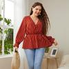 V-neck Striped Print Pullover Shirt for Women Long Ruffed Sleeve Peplum Loose Summer T-shirt Casual Commute Fashion Shirt Breathable Lightweight Shirt