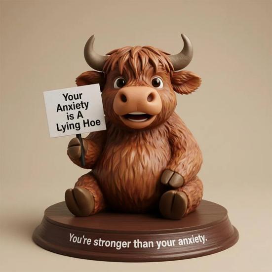 Highland Cow Figurine Emotional Support Highland Cow Statue Resin Cow Ornament with Funny Quotes Straight-Talking Companion for Desk Bookshelf Decor