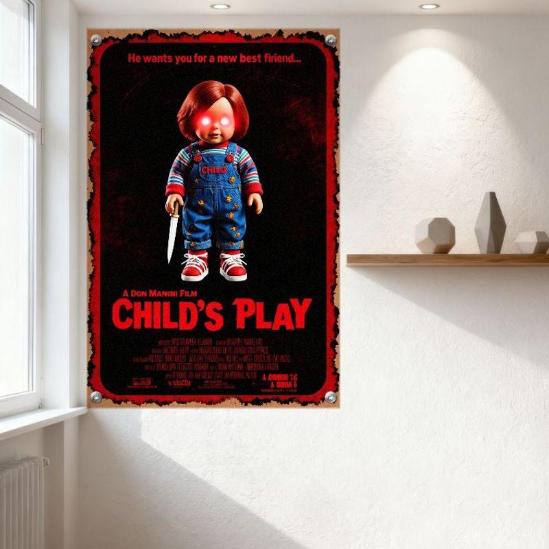 Child’s Play Chucky Red Hair Glowing Eyes Blue Overall Sunflowers Red Sneakers Horror Movie Metal Tin Sign Retro Wall Decor for