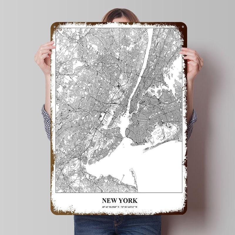 Detailed Map of New York City Printing Poster Customized Retro Wall Art Vintage Metal Signs for Room Decoration Aesthetic House