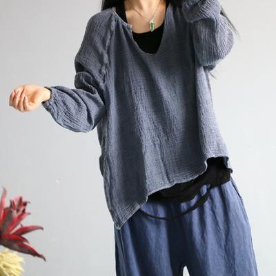 Women Autumn Linen Vintage Solid Color T-Shirts O-Neck Full Sleeve Loose Casual Pullover Women T-Shirt