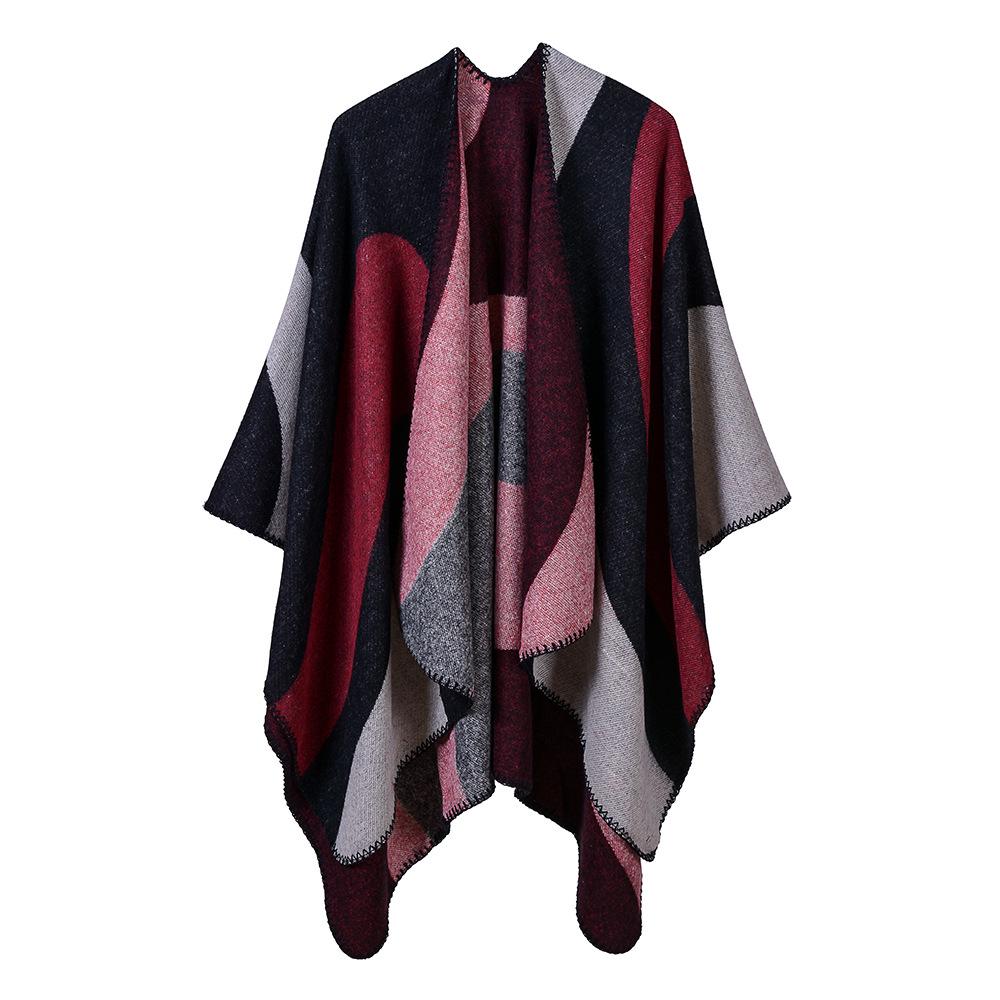 Versatile Plaid Women's Faux Cashmere Shawl: Ethnic Style Slit Cape for Autumn/Winter