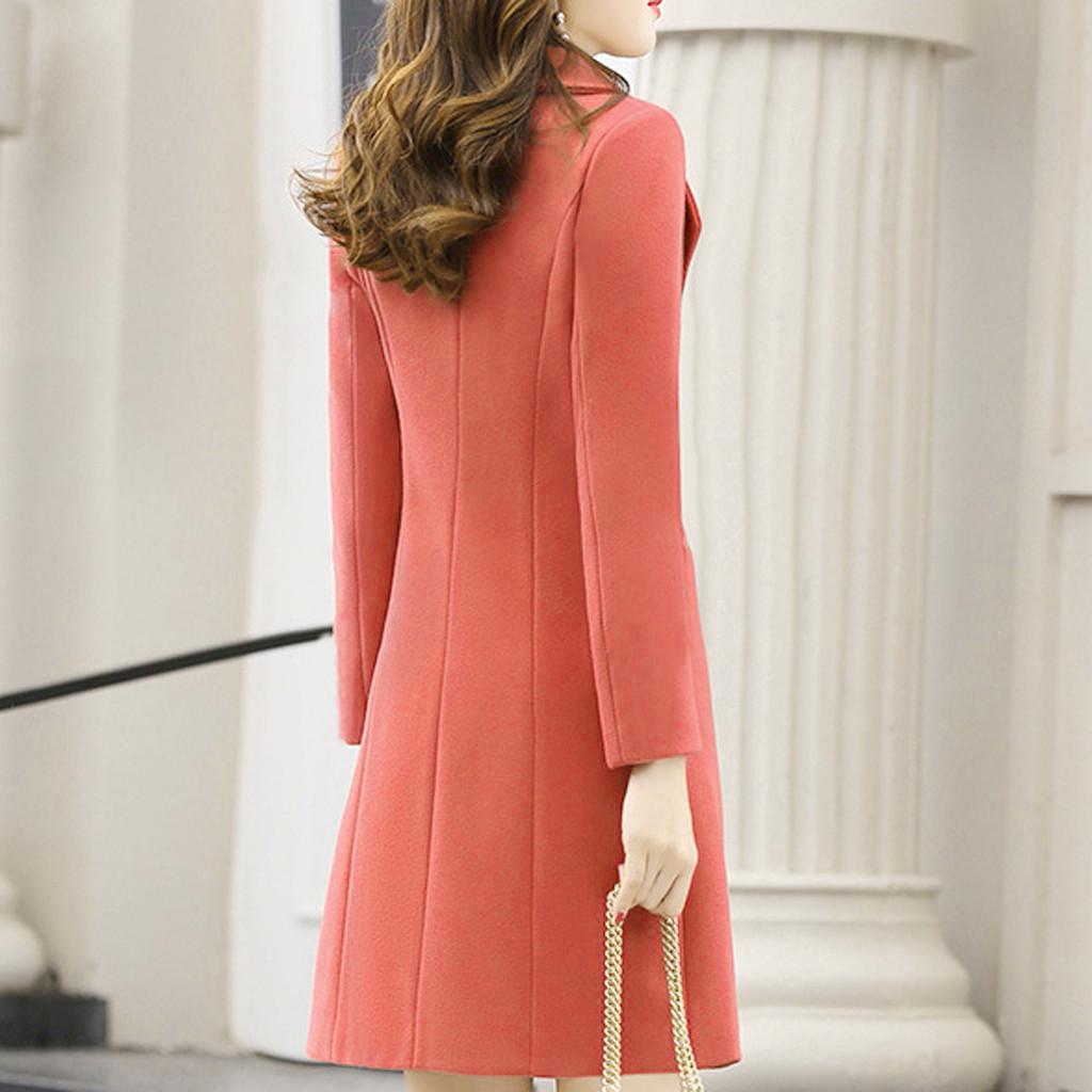 Women Work Solid Vintage Winter  Long Sleeve Button Woolen Jacket Coat