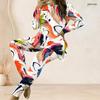 Women Plus Size White Red Black Printed Two Piece Set Round Neck Long Sleeve Longline Top Fitted Pants