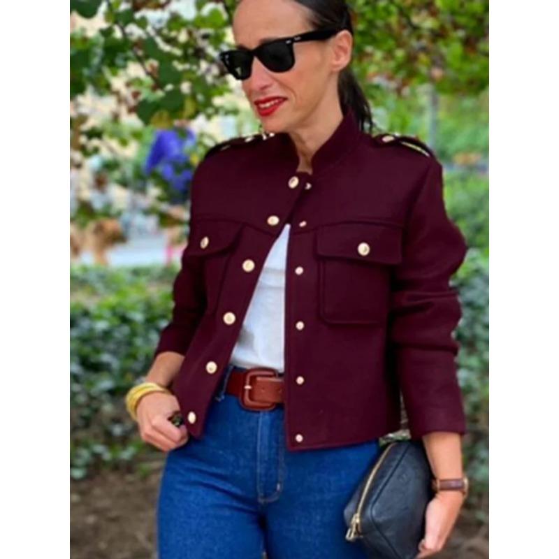 

Модная однобортная куртка-бомбер цвета бордо с металлическим узором, женская, с воротником-стойкой, с длинным рукавом, короткое пальто для женщин, уличная одежда для поездок на работу XS