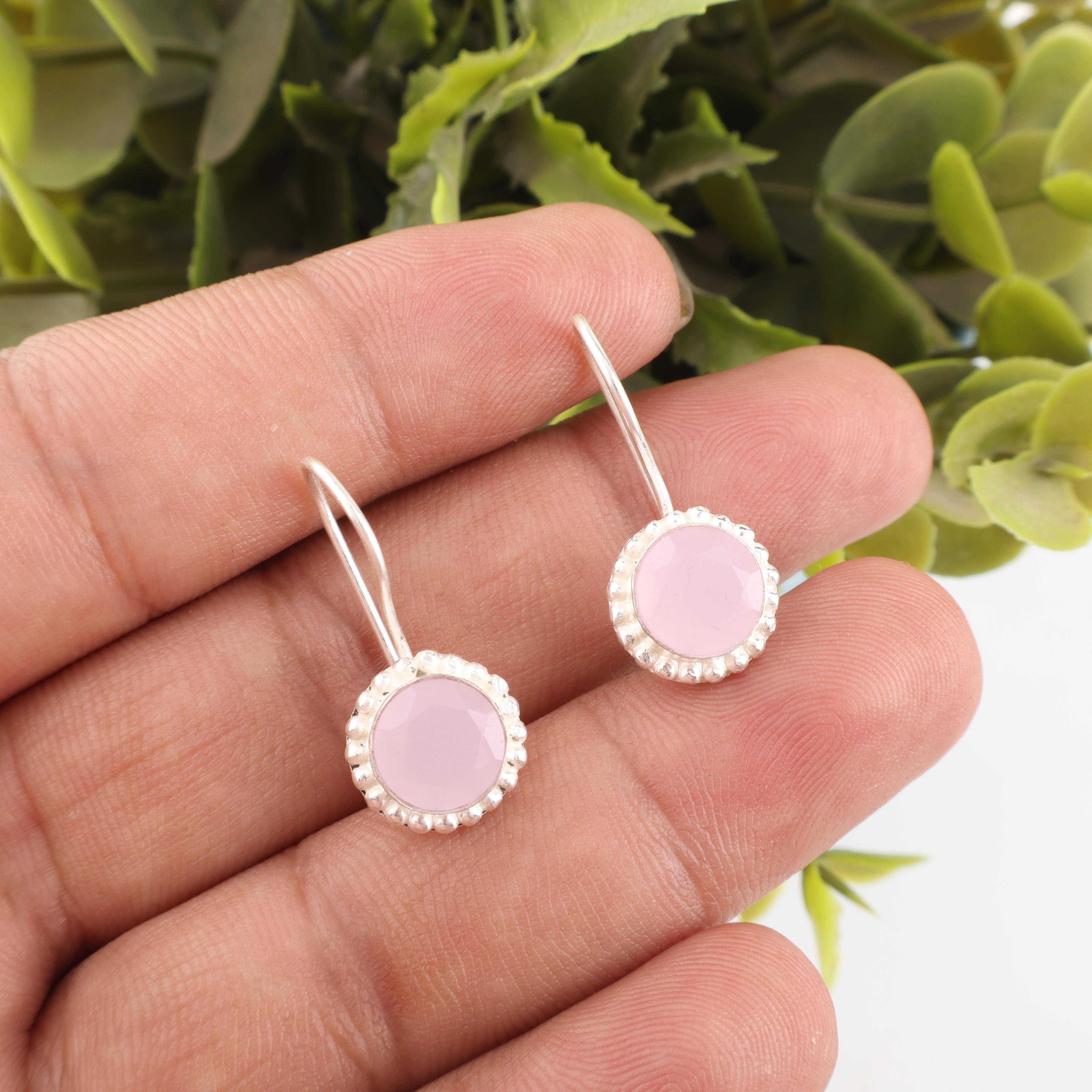 

Rose Chalcedony Gemstone Jewelry, 925 Solid Sterling Silver Earrings, Handmade Gorgeous Silver Jewelry, for Wedding Gift 0.93 inches розовый
