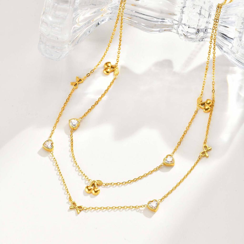 Wind Niche Sweet Girl Thin Chain Collarbone Chain Stainless Steel Diamond Cherry Bow Necklace Nc-2393