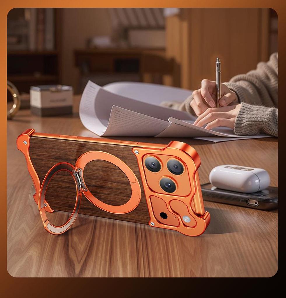 Alien 17 Pro Max Integrated Case with 360° Stand - Solid Wood & Metal, Magnetic Design for 16 Pro Max