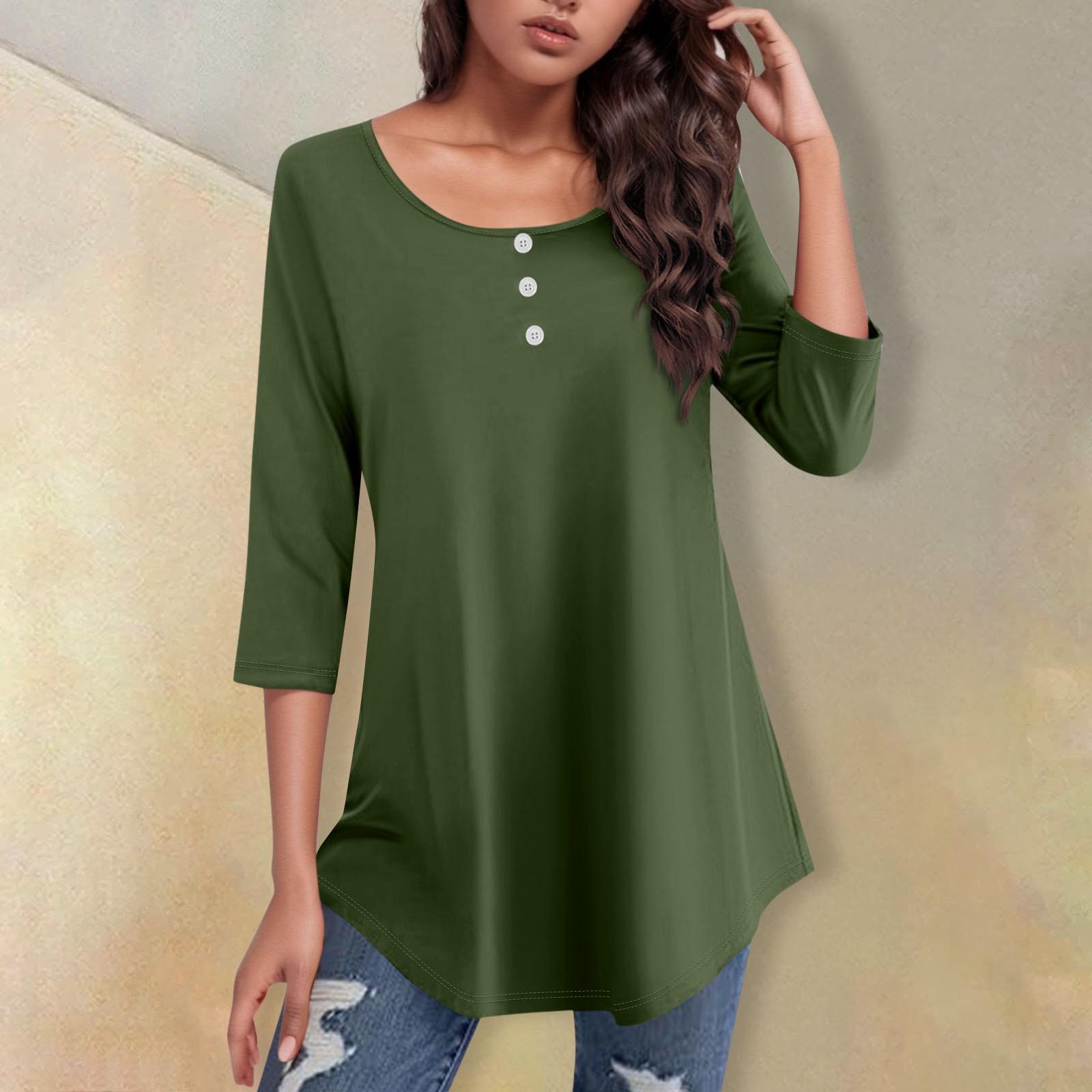 

Рубашки с рукавом 3/4 для женщин, однотонная повседневная футболка с круглым вырезом и пуговицами, топ с изогнутым краем L