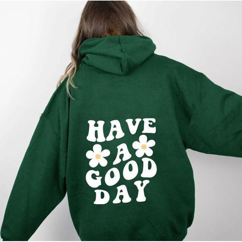 Autumn Women's Fashion: Rose Red 'GOOD DAY' Print Hooded Sweatshirt