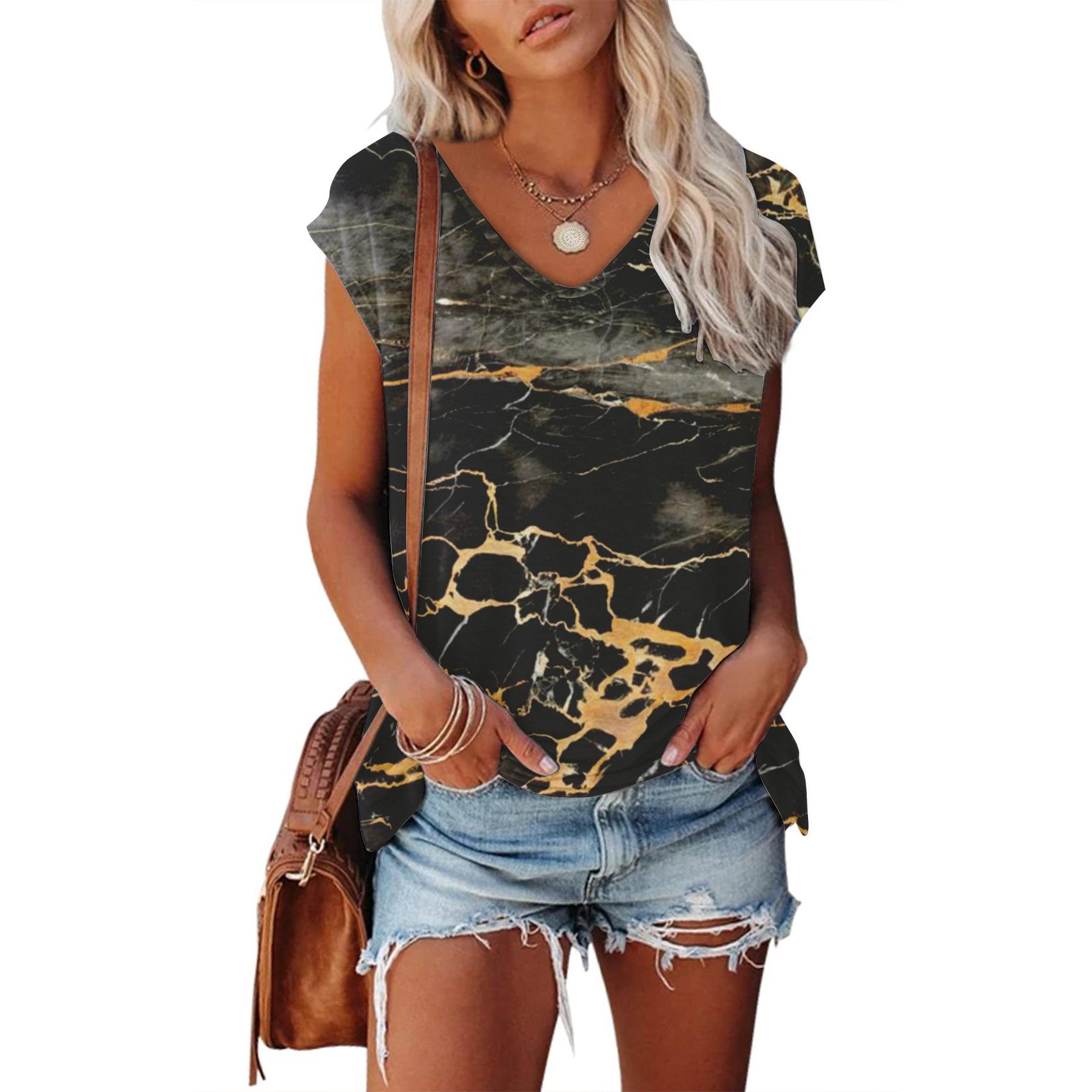 Летняя женская футболка с мраморным 3D-принтом и v-образным вырезом