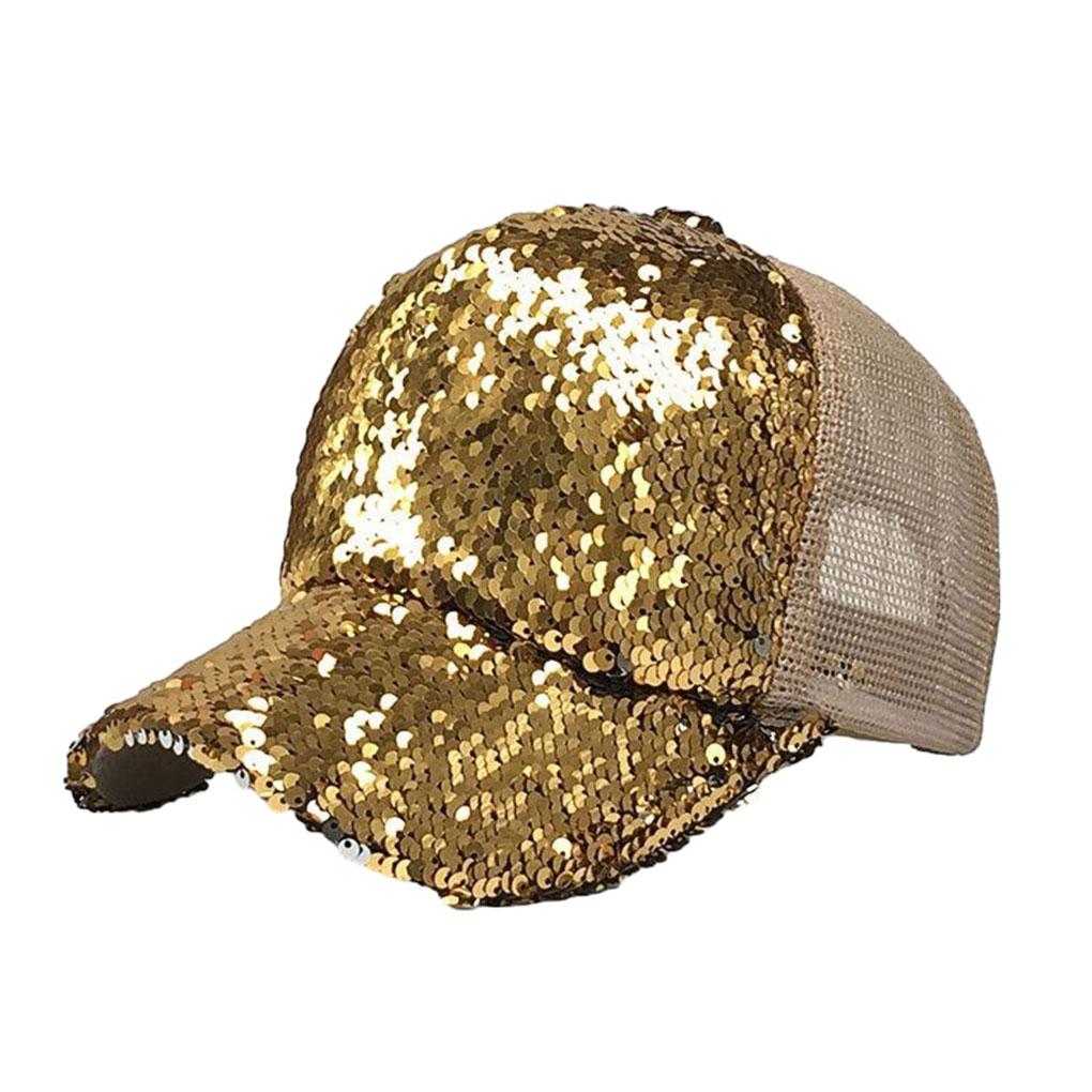 

WUUISDNX Fashionable Sequins Shiny Messy Bun Snap Back Hat for Women Light-Weight Polyester UV Protection Sun Caps Sporty Style, Blue золотий