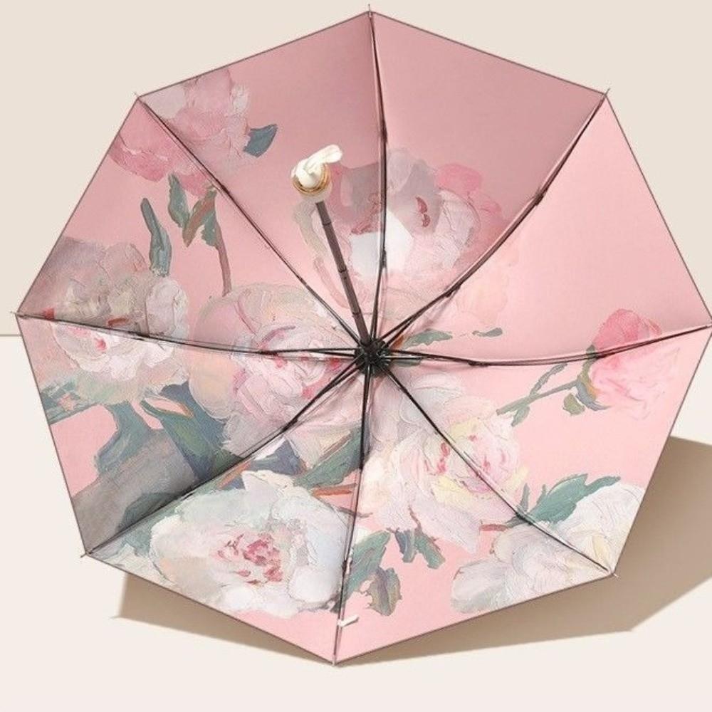 Foldable Reverse Sun Umbrella Floral Print Travel Rain Umbrella Dual-purpose Sunshade  Outdoor Use