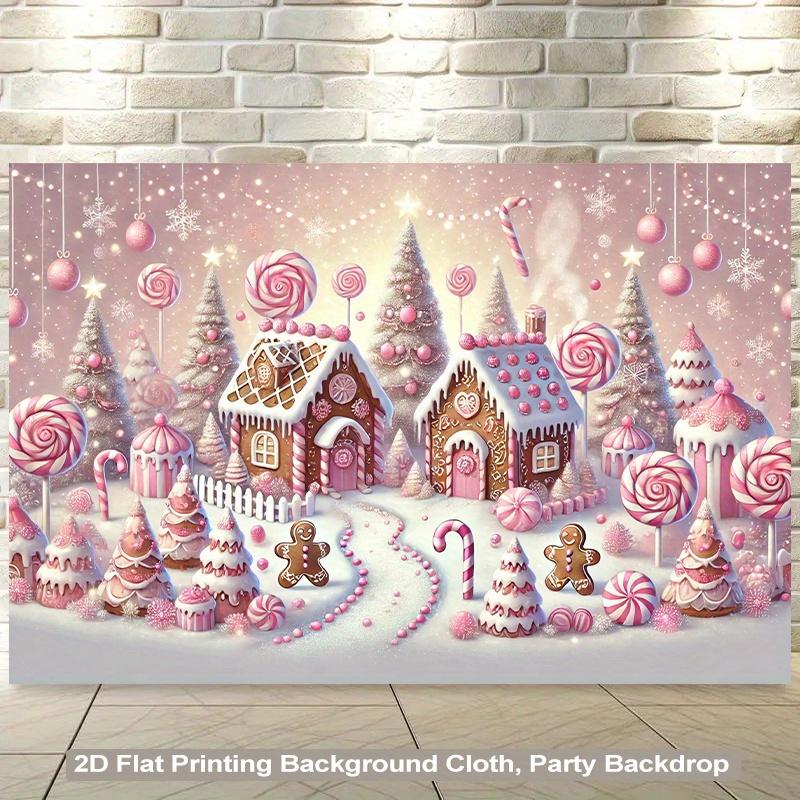 2D flat one-person candy house Christmas background banner - pastel pink and white gingerbread house candy sticks lollipops