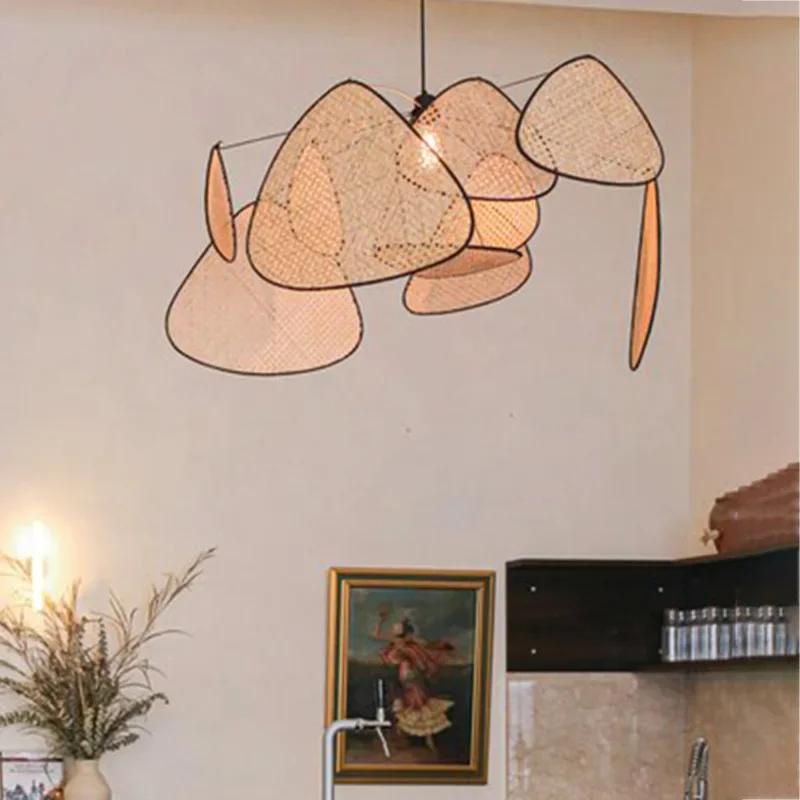 Living Room Chandelier Dining Room Leaf Grid Rural Hand Made Rattan Art Screen Lamp Bedroom Home Decor