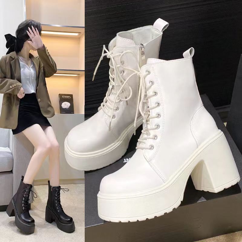 Round head thick heel lace-up Martin boots women's high heel waterproof platform platform platform short boots small retro white soft leather boots