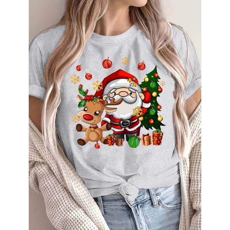 Christmas Santa and Reindeer Print Crew Neck T-Shirt Harajuku Sleeve Women's T-shirt Clothing Street Tops Tees Aesthetic Clothes