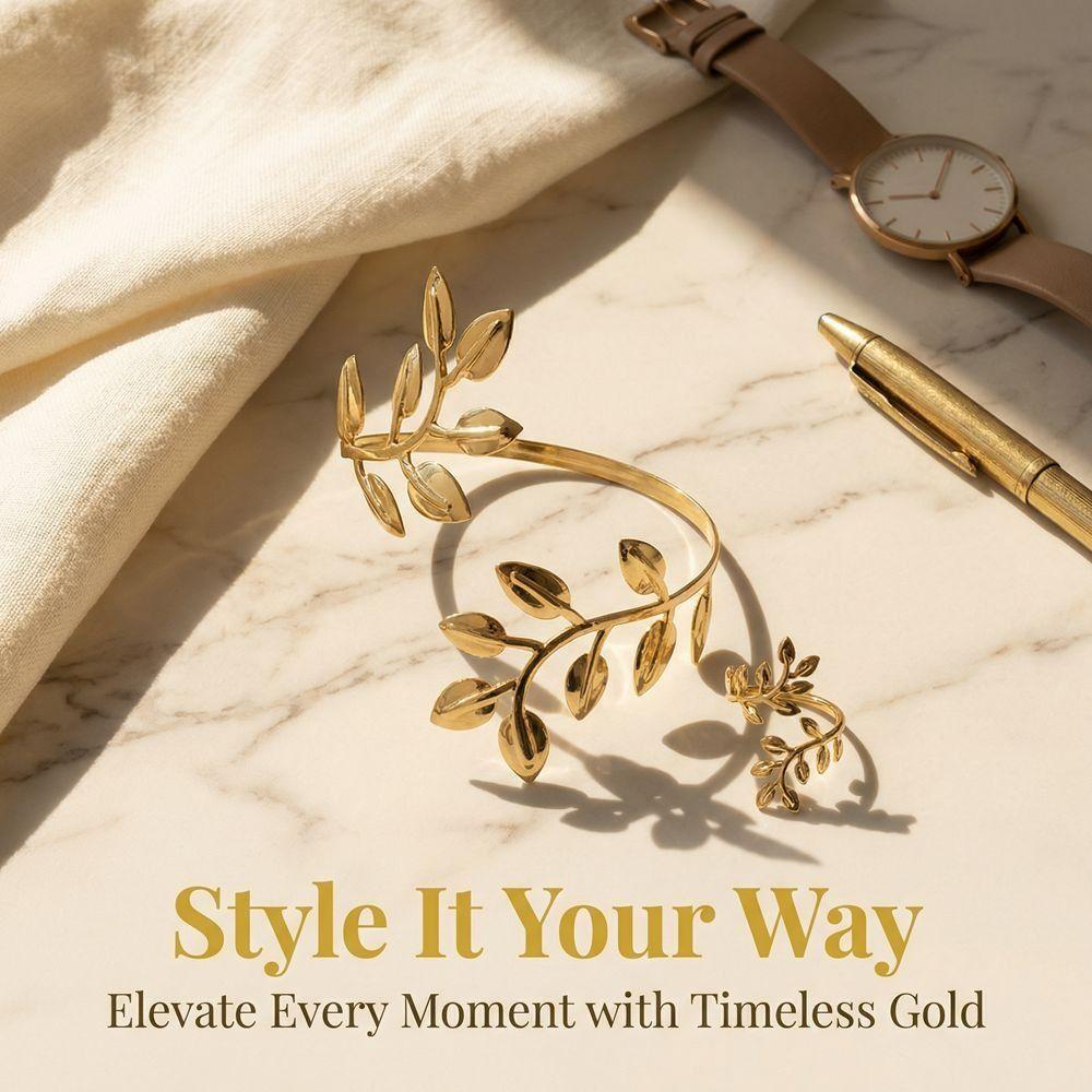 Open Armband Ring Set Gold Jewelry Set Fashion Leaf Upper Arm Cuff  Unisex