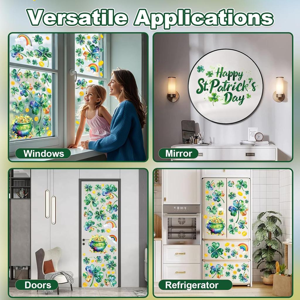 St Patricks Day Window Clings for Glass Windows, Saint Patrick's Day Shamrock Decor, Spring Window Sticker Decal for Gifting and Holidays, 8 Sheets