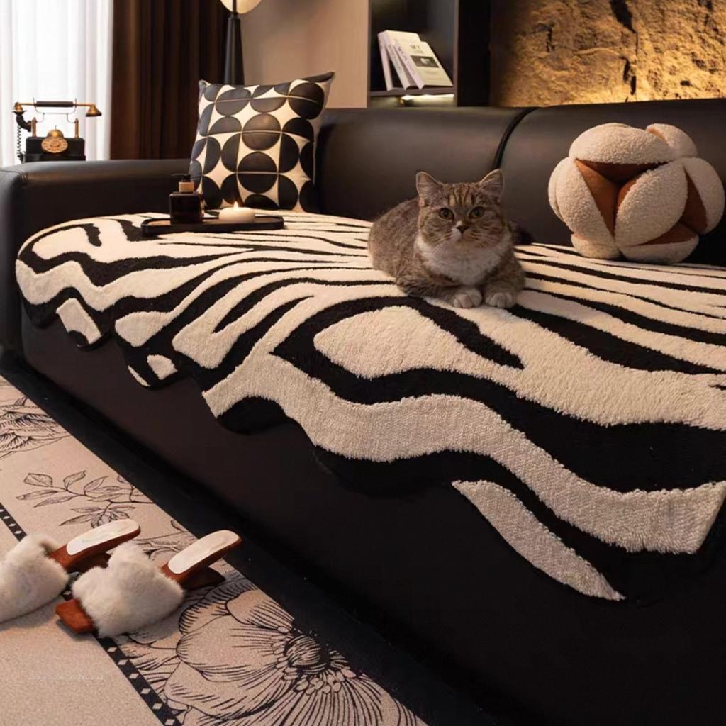1pc Zebra Stripes Jacquard Fleece Sofa Cover, Black & White Retro Modern Couch with Anti-Slip Sofa Towel Fit for 1/2/3/4 Seater