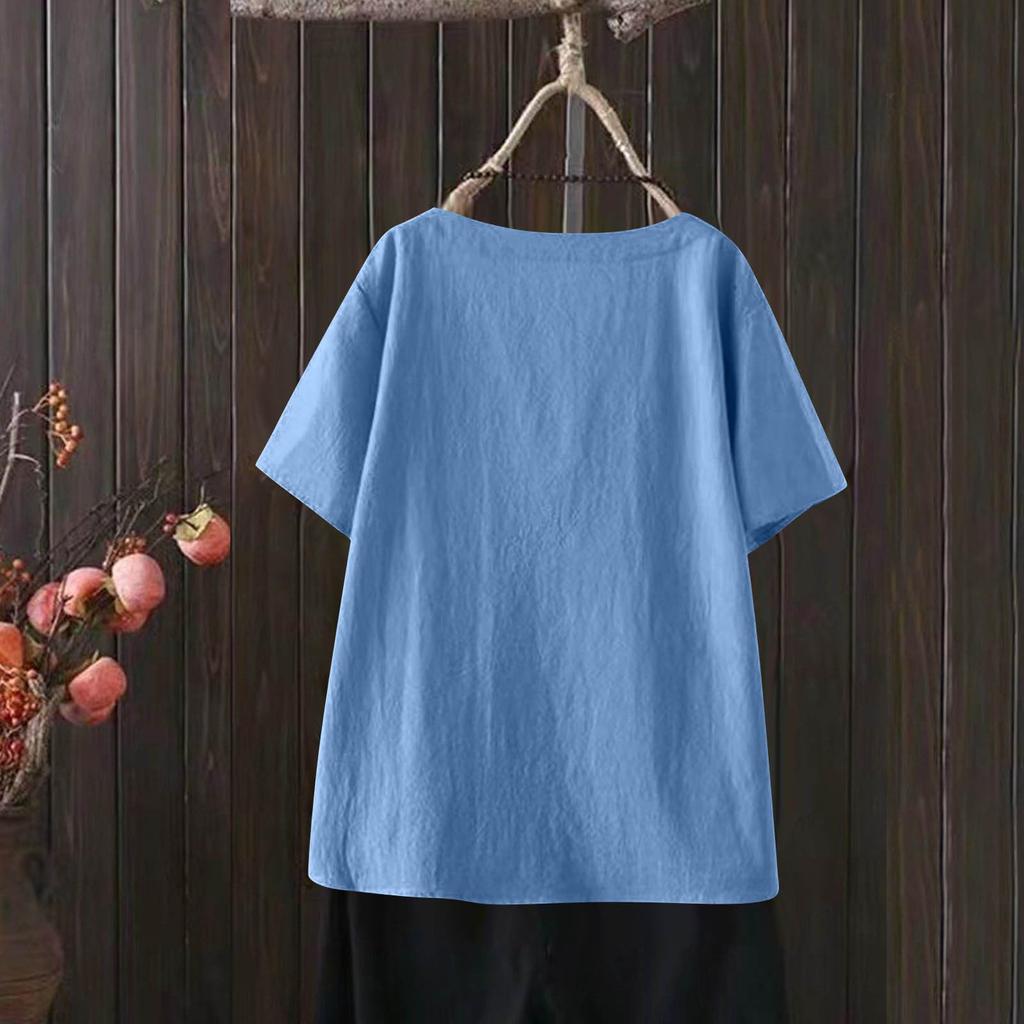 Women’s Short Sleeve T Shirt Round Neck Casual Loose Fit Top with Decorative Side Buttons for Daily Wear