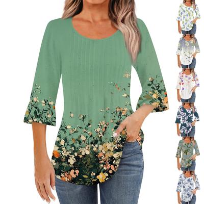 Tricou de damă la modă, casual, plisat, cu guler rotund, imprimeu floral, mânecă trei sferturi