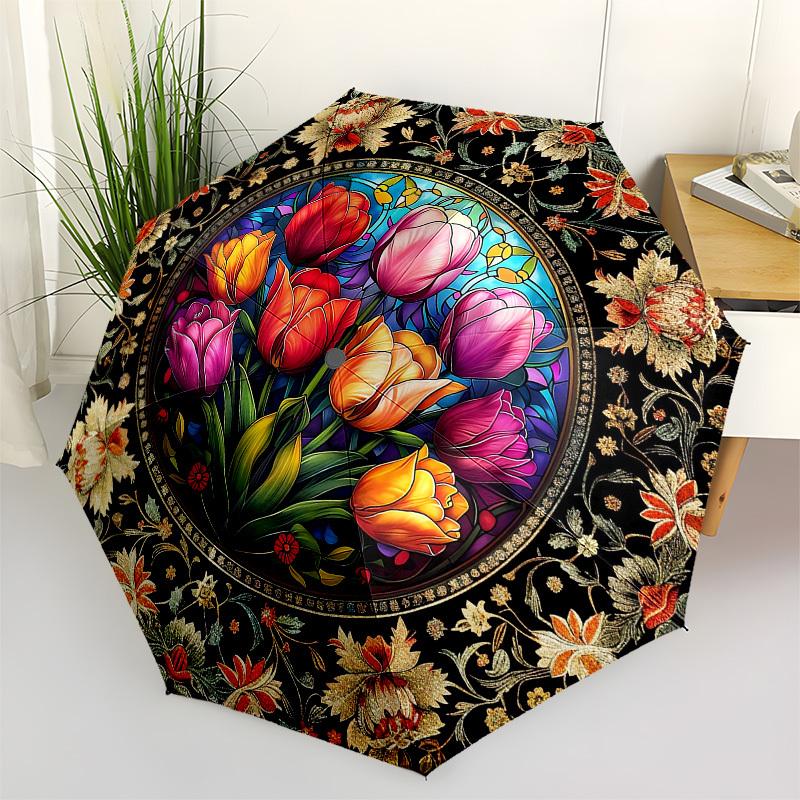 

Tulip Color RetroThemed Automatic Opening and Closing Umbrella - 8 Ribs, Suitable for Leisure and Going Out, Outdoor Accessory, Gothic Style