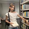 [Keren Cotton Modal] Slant Shoulder Kink Letter Hot Diamond Short Sleeve T-Shirt Women's New Off-Shoulder Spice Girl Top