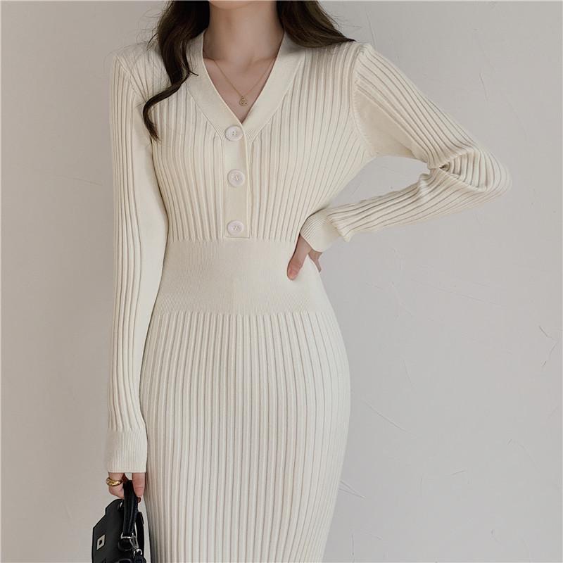 

2025 Early Spring Women s V-Neck Button Knit Dress, Long Sleeve Slimming Inner Layer Skirt One Size абрикосовий