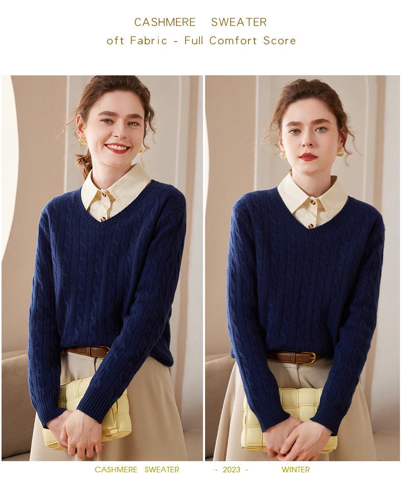 2023 Fall/Winter Cashmere Cable Knit Polo Sweater for Women – Versatile, Fashionable, Retro Lapel Design