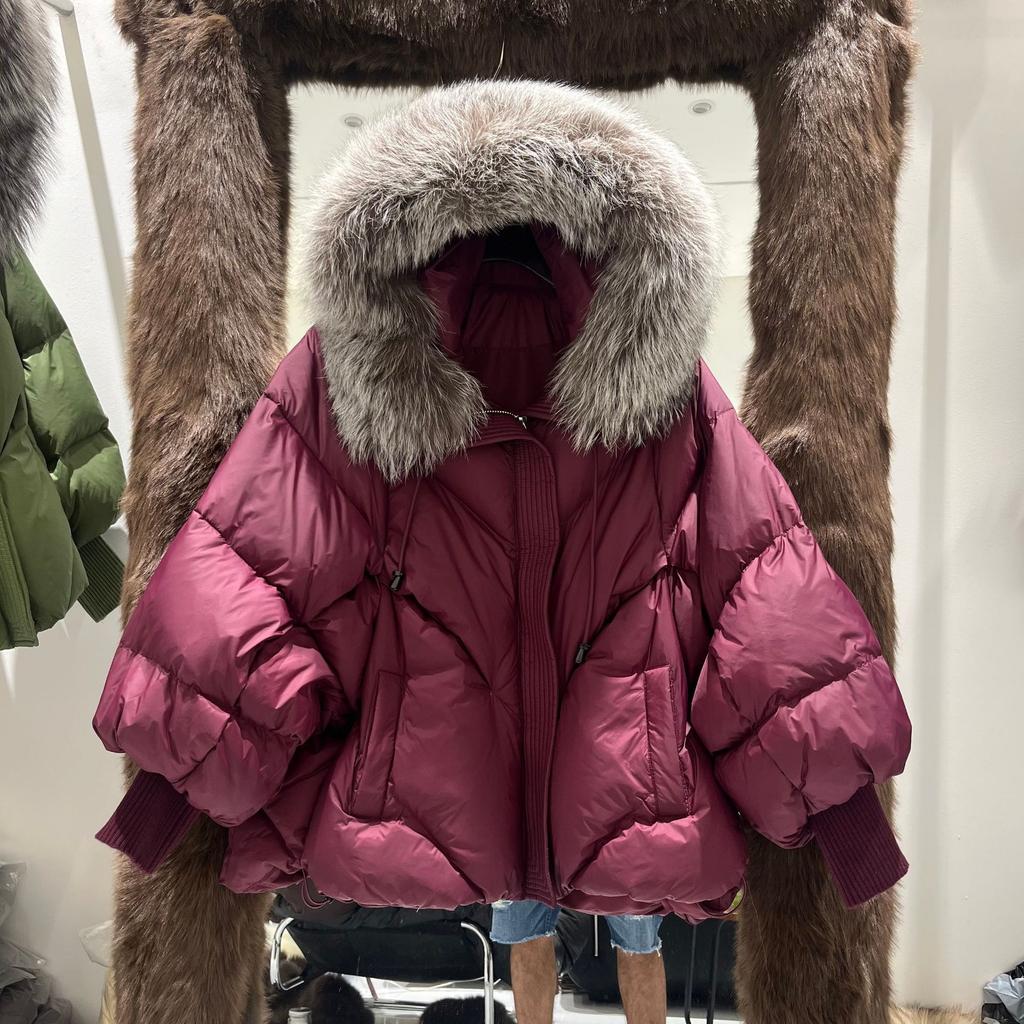 European winter new raccoon big fur collar hooded down jacket women's medium and long thickened warm knitted sleeve jacket