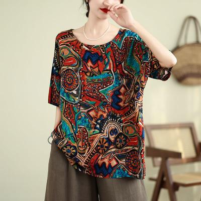 Summer Loose Belly Covering Plus Size Women's Abstract Printed Short Sleeved T-shirt Mid Cotton Silk Cedar T-Shirts Women’s