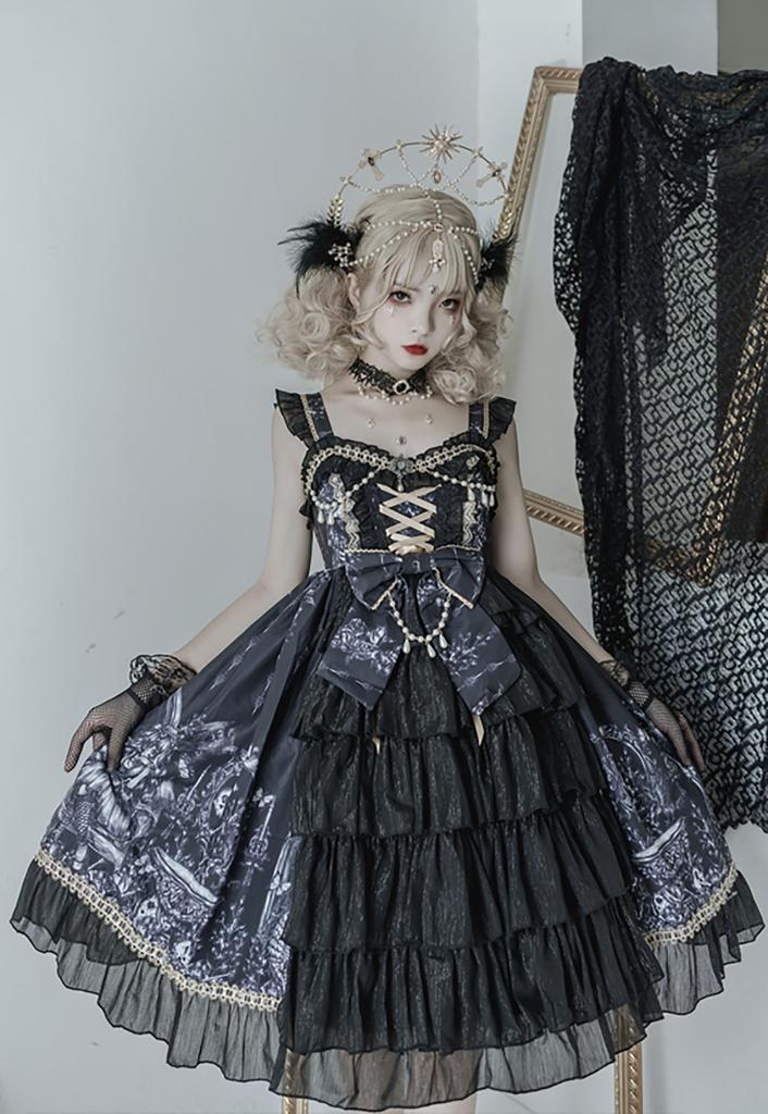 Gothic Lolita JSK Jumper Skirt with Ribbon and Sickly Gothic Mori Idol Size M [XHSUKADO] Lace, Lace-Up, Women's Dress, Cute, Ruffled, Style, Girl,