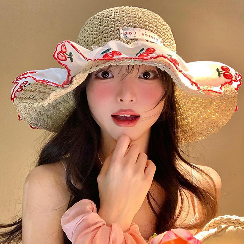 Sweet Cute Cherry Lace Edge Straw Hat For Women Summer Hollow Seaside Beach Vacation Big Brim Sunshade Cap Sun Cap