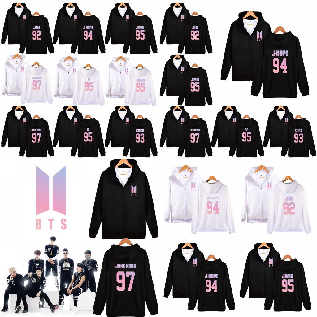 Sweat à capuche avec fermeture éclair et motif BTS pour adolescents, style décontracté