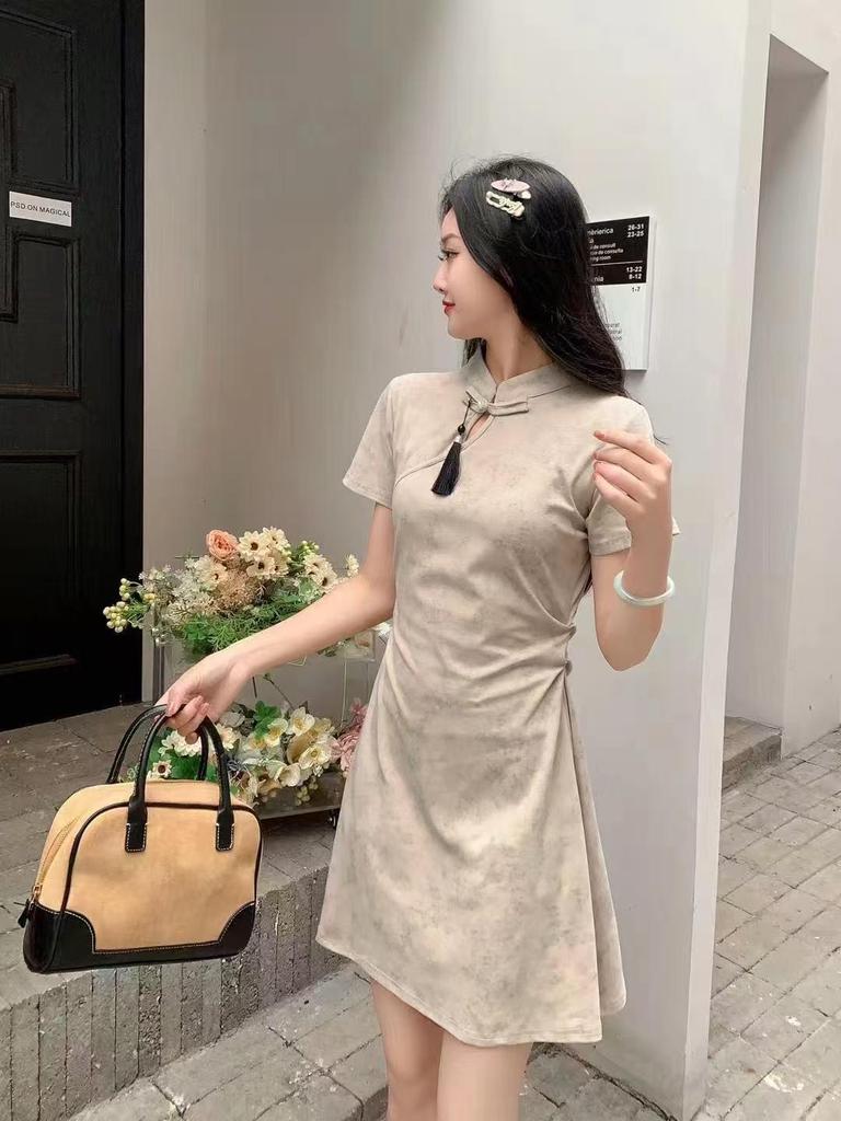 Summer Cheongsam-Style Frog Button Tie-Dye A-Line Dress with Stand Collar for Women
