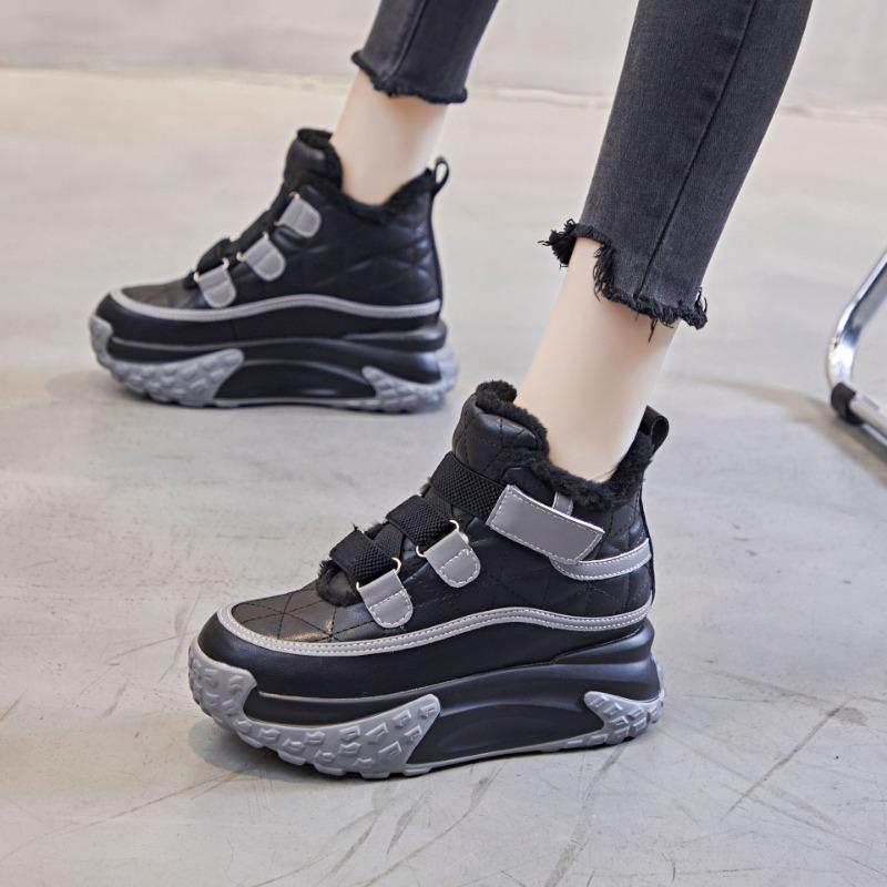 

Модные 7 см Модная платформа-клин из натуральной кожи Женские ботильоны до щиколотки Осень Теплые Женские Зимние Ботинки Ботильоны Липучка Высокие Кроссовки 34 чёрный