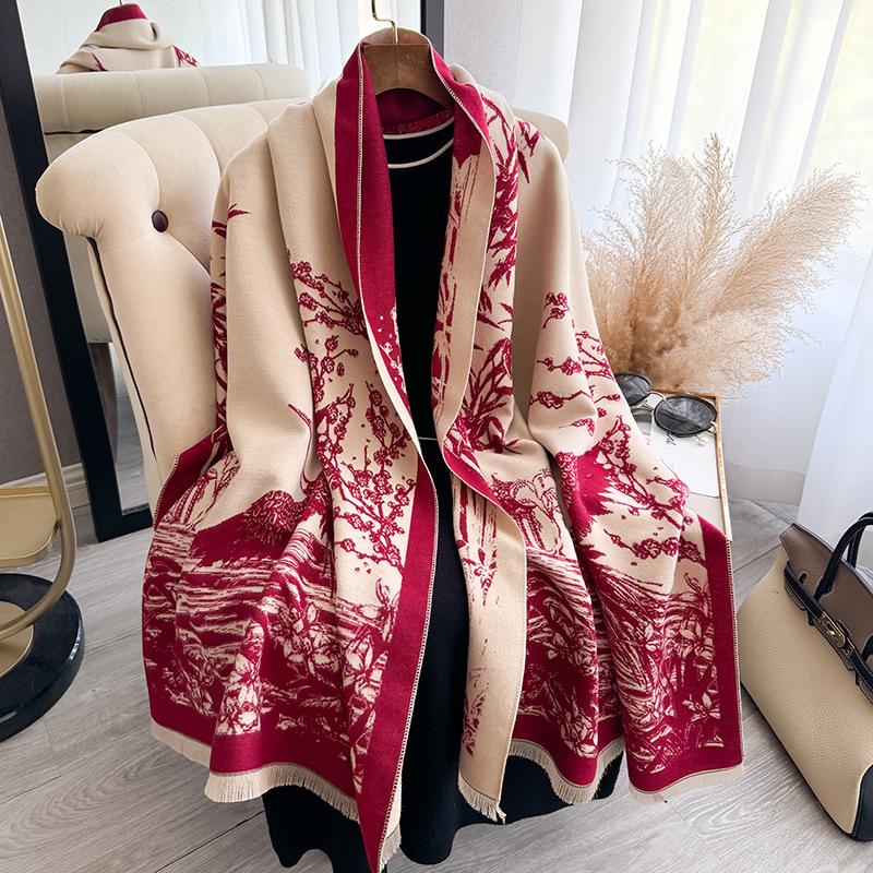 Versatile Ink And Wash Wind Contrasting Colors, Double-Sided Imitation Cashmere Scarf, Winter High-End Warm Shawl