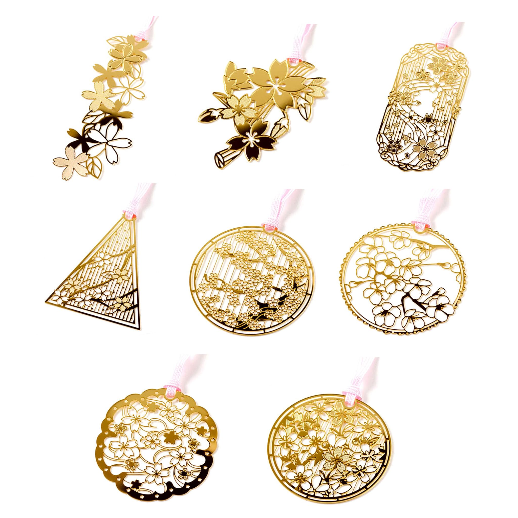 

Felimoa Японские металлические латунные закладки с узором цветущей сакуры, набор из 8 штук, с покрытием, ажурные, золотой